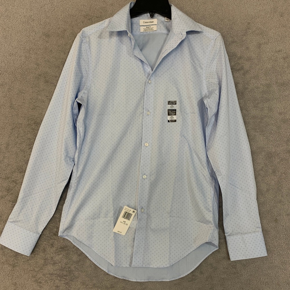 NWT Calvin Klein Steel+ Slim Fit Dress Shirt Men's S Blue Pattern Cotton